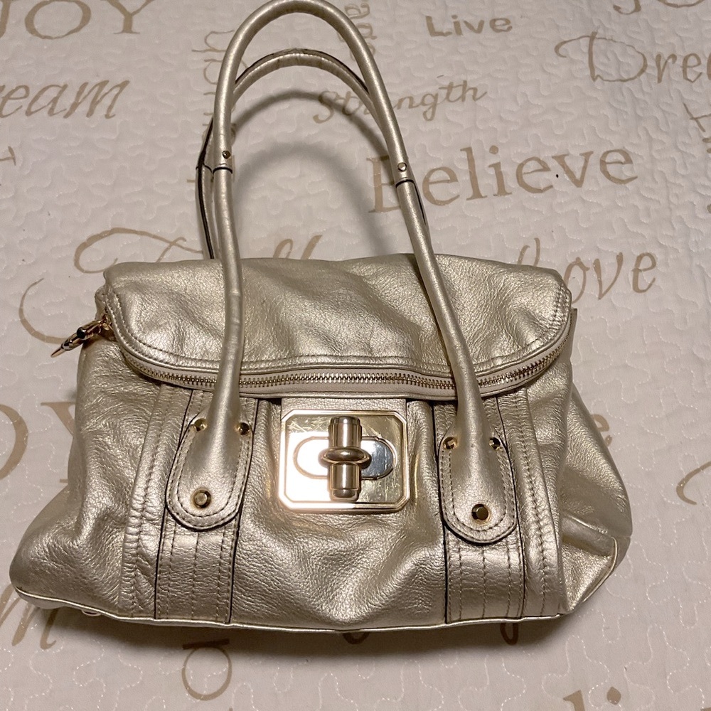 B. Makowsky Metallic Gold Satchel 100% Leather Mobwife Preppy Dark Purple
